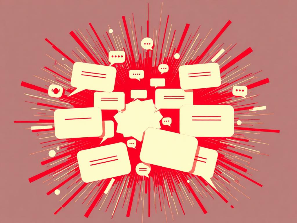 Abstract burst of chat bubbles and text lines exploding outward